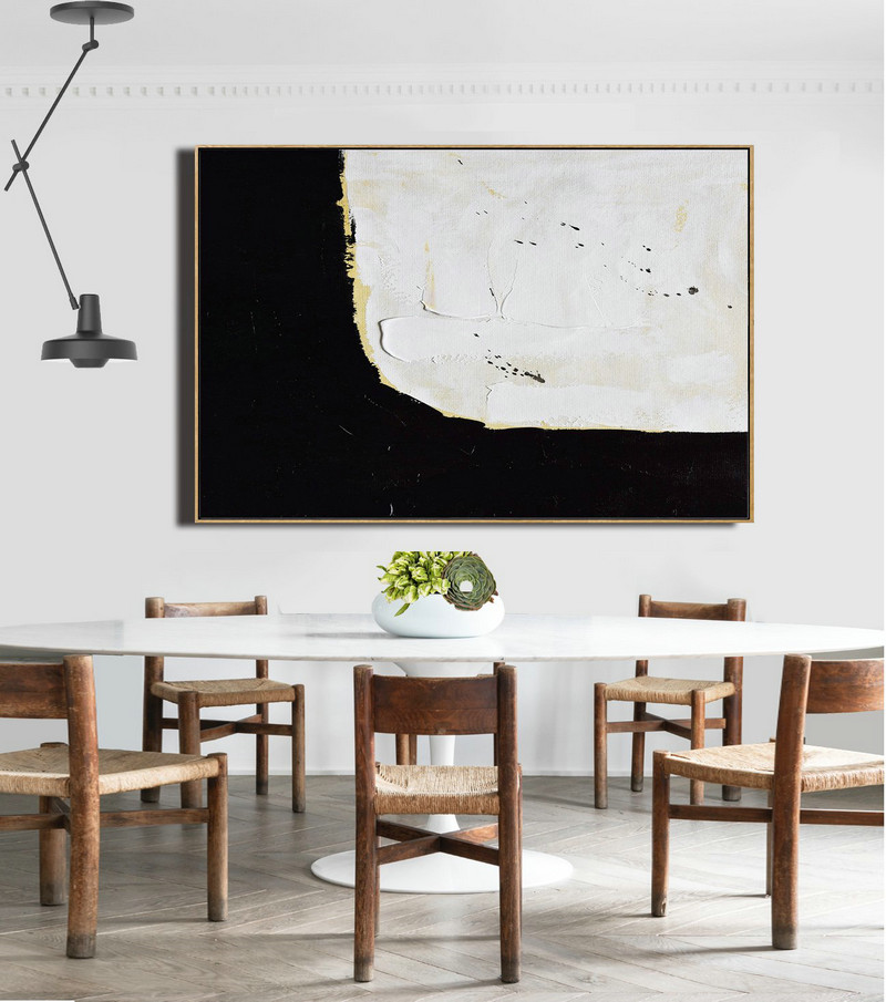 Extra Large Paintings,Horizontal Palette Knife Minimal Canvas Art Painting Black White Beige - Extra Large Wall Art